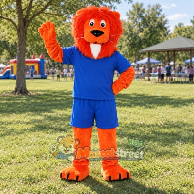Orange Lion Mascot Costume with Blue Shirt and Shorts Orange Lion Mascot Costume with Blue Shirt and Shorts