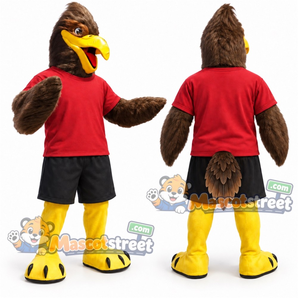Brown Eagle Mascot Costume with Red Shirt and Black Shorts Brown Eagle Mascot Costume with Red Shirt and Black Shorts