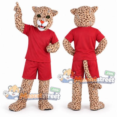 Spotted Leopard Mascot Costume with Burgundy Shirt and Shorts