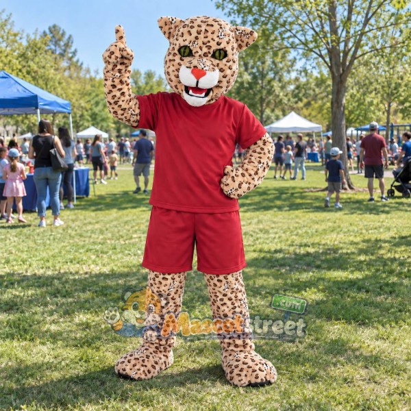 Spotted Leopard Mascot Costume with Burgundy Shirt and Shorts