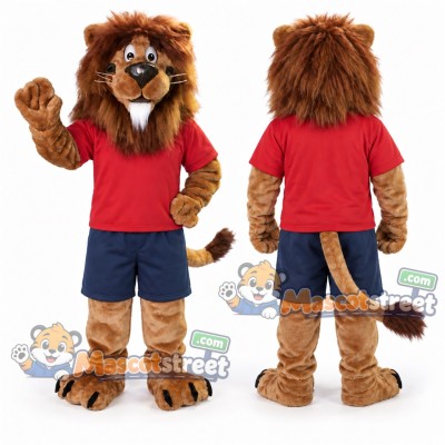 Brown Lion Mascot Costume with Red Shirt and Navy Shorts