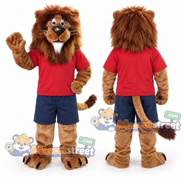 Brown Lion Mascot Costume with Red Shirt and Navy Shorts