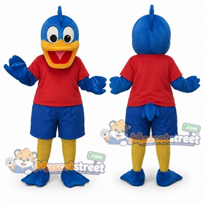 Blue Duck Mascot Costume with Red Shirt and Blue Shorts Blue Duck Mascot Costume with Red Shirt and Blue Shorts