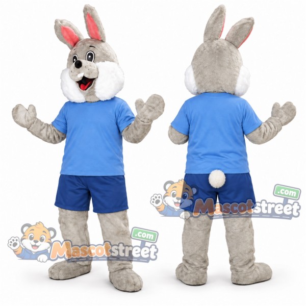 Gray Rabbit Mascot Costume with Light Blue Shirt and Navy Shorts