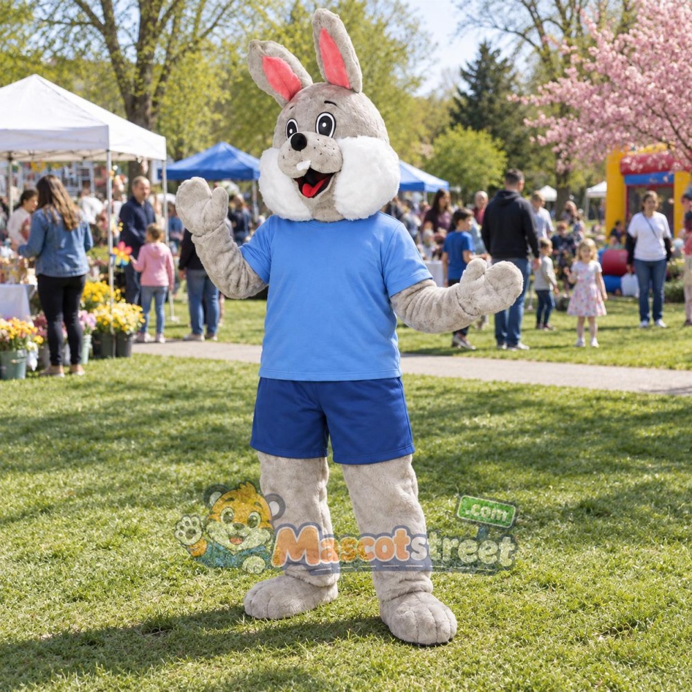 Gray Rabbit Mascot Costume with Light Blue Shirt and Navy Shorts Gray Rabbit Mascot Costume with Light Blue Shirt and Navy Shorts