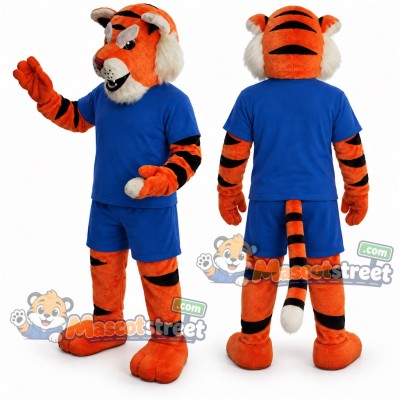 Orange Tiger Mascot Costume with Blue Shirt and Shorts Orange Tiger Mascot Costume with Blue Shirt and Shorts