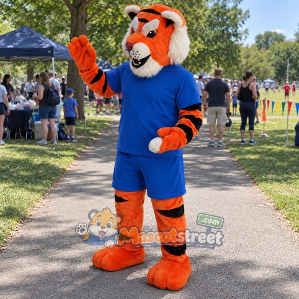 Orange Tiger Mascot Costume with Blue Shirt and Shorts