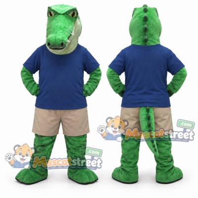 Green Crocodile Mascot Costume with Navy Shirt and Beige Shorts