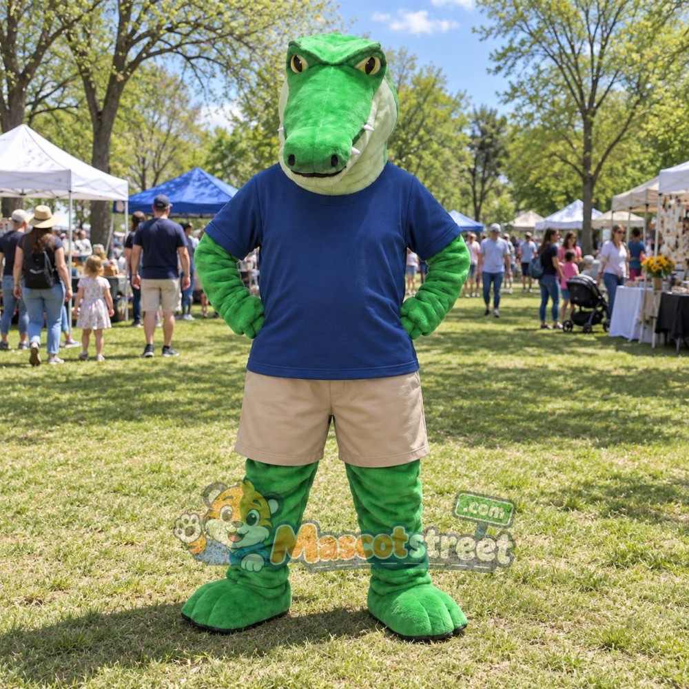 Green Crocodile Mascot Costume with Navy Shirt and Beige Shorts Green Crocodile Mascot Costume with Navy Shirt and Beige Shorts