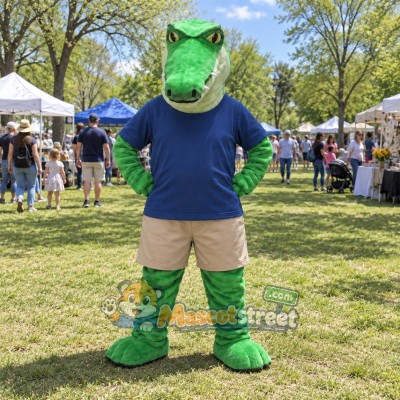 Green Crocodile Mascot Costume with Navy Shirt and Beige Shorts Green Crocodile Mascot Costume with Navy Shirt and Beige Shorts