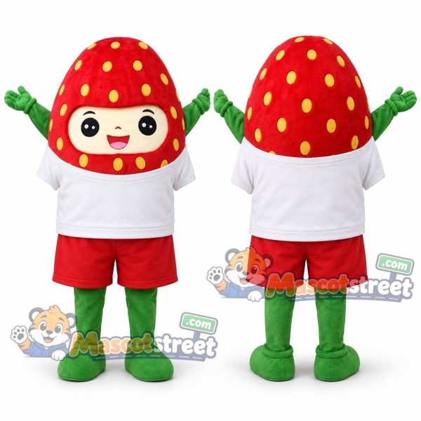 Red Strawberry Mascot Costume with White Shirt and Red Shorts