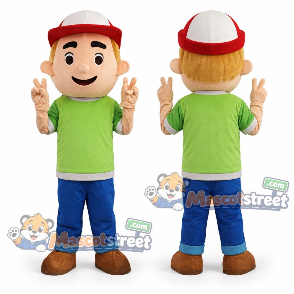 Construction Worker Mascot Costume with Green Shirt, Blue Pants and Hard Hat Construction Worker Mascot Costume with Green Shirt, Blue Pants and Hard Hat