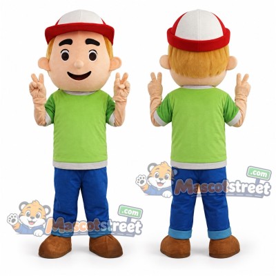 Construction Worker Mascot Costume with Green Shirt, Blue Pants and Hard Hat Construction Worker Mascot Costume with Green Shirt, Blue Pants and Hard Hat