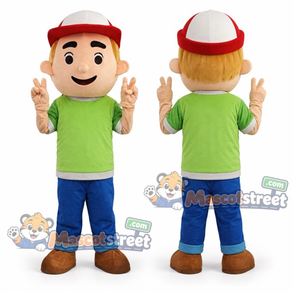 Construction Worker Mascot Costume with Green Shirt, Blue Pants and Hard Hat
