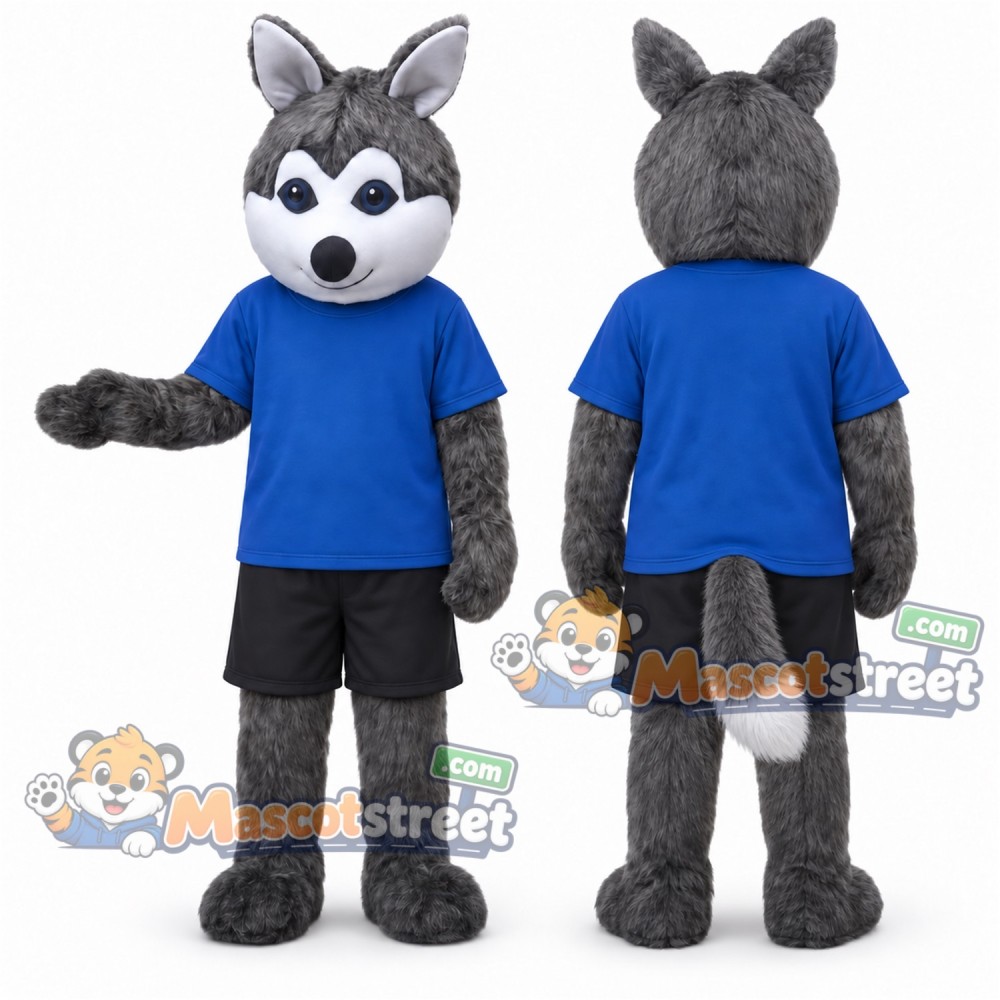 Gray Hamster Mascot Costume with Blue Shirt and Black Shorts Gray Hamster Mascot Costume with Blue Shirt and Black Shorts