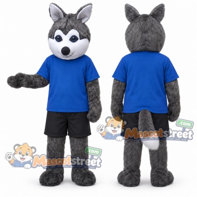 Gray Hamster Mascot Costume with Blue Shirt and Black Shorts Gray Hamster Mascot Costume with Blue Shirt and Black Shorts