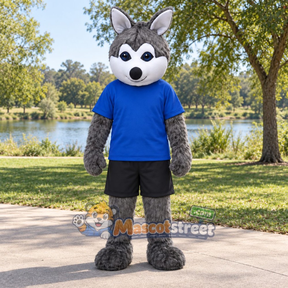 Gray Hamster Mascot Costume with Blue Shirt and Black Shorts