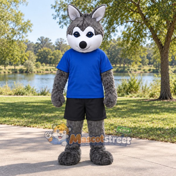 Gray Hamster Mascot Costume with Blue Shirt and Black Shorts