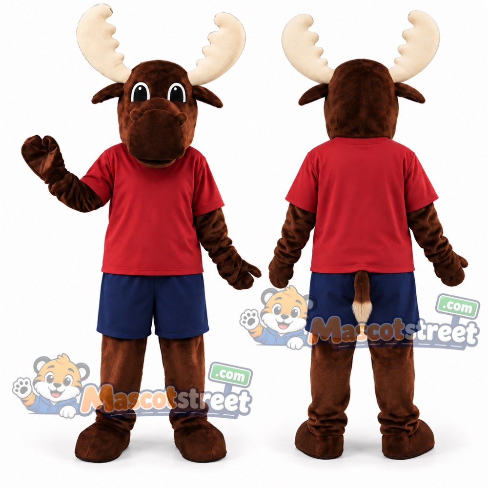 Brown Moose Mascot Costume with Burgundy Shirt and Navy Shorts