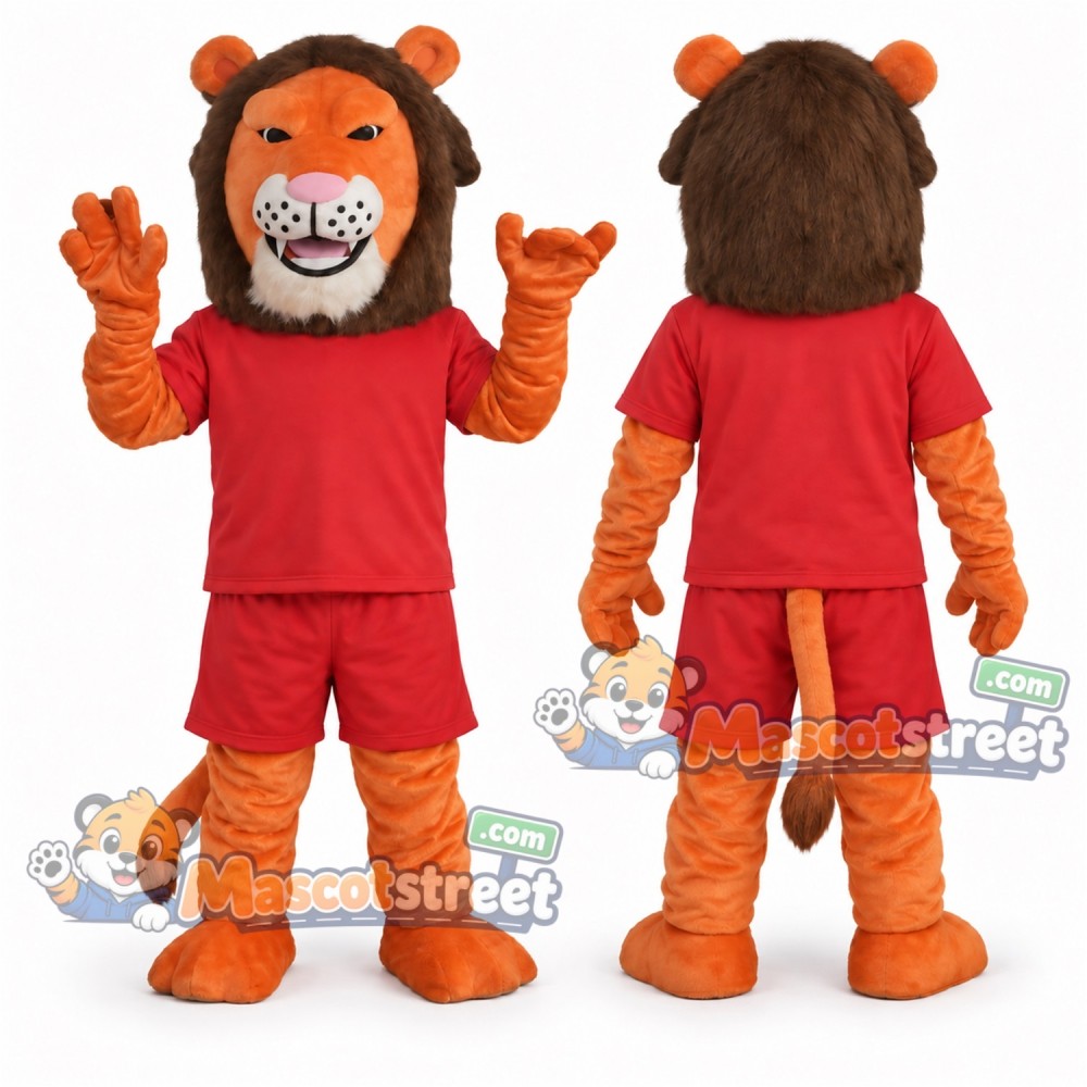 Orange Lion Mascot Costume with Red Shirt and Shorts