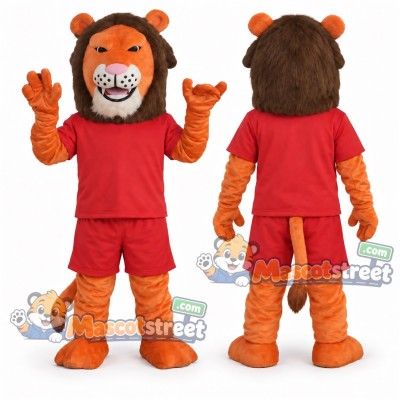 Orange Lion Mascot Costume with Red Shirt and Shorts