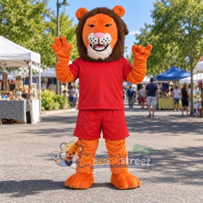 Orange Lion Mascot Costume with Red Shirt and Shorts Orange Lion Mascot Costume with Red Shirt and Shorts