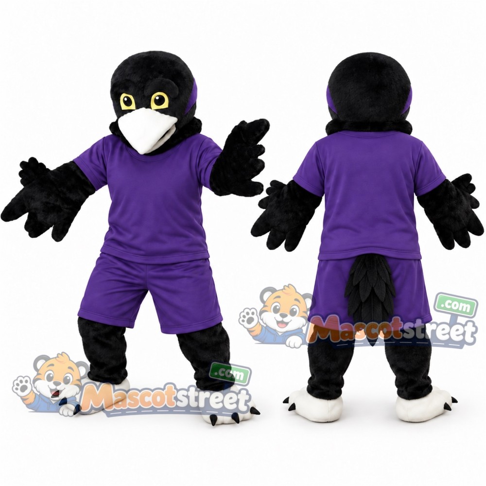 Black Eagle Mascot Costume with Purple Shirt and Shorts Black Eagle Mascot Costume with Purple Shirt and Shorts