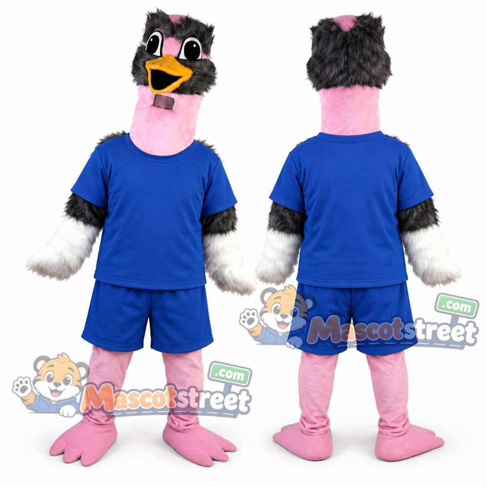 Black and Pink Ostrich Mascot Costume with Blue Shirt and Shorts Black and Pink Ostrich Mascot Costume with Blue Shirt and Shorts