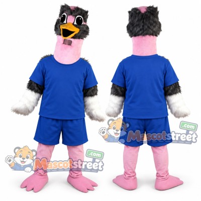 Black and Pink Ostrich Mascot Costume with Blue Shirt and Shorts Black and Pink Ostrich Mascot Costume with Blue Shirt and Shorts