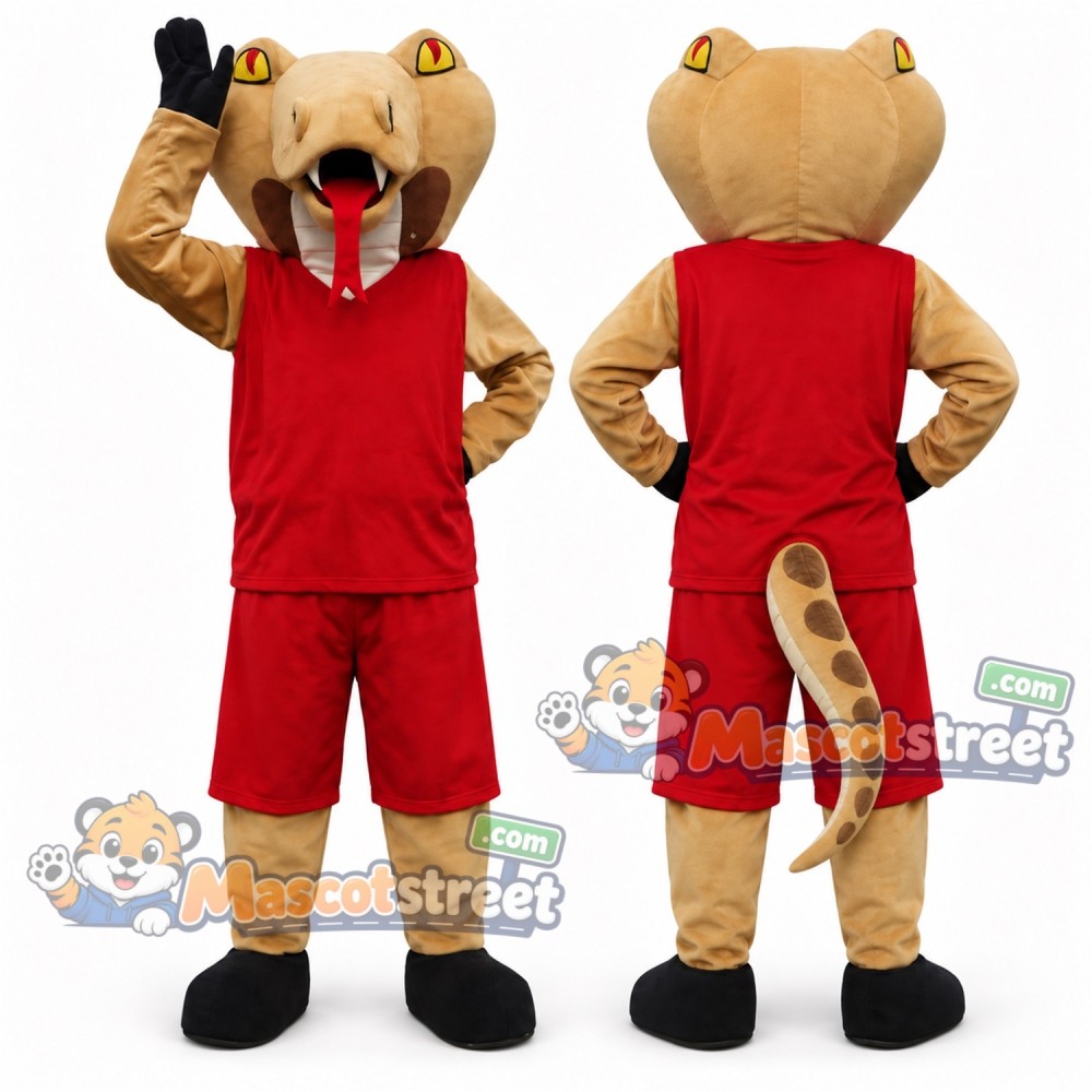 Tan Cobra Mascot Costume with Red Shirt and Shorts Tan Cobra Mascot Costume with Red Shirt and Shorts
