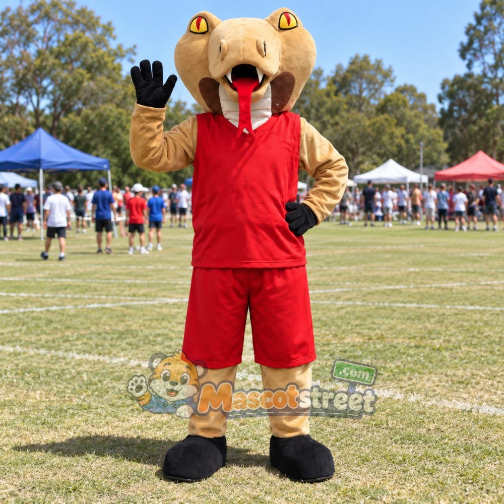Tan Cobra Mascot Costume with Red Shirt and Shorts Tan Cobra Mascot Costume with Red Shirt and Shorts