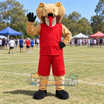 Tan Cobra Mascot Costume with Red Shirt and Shorts Tan Cobra Mascot Costume with Red Shirt and Shorts