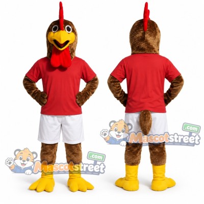 Brown Rooster Mascot Costume with Red Shirt and White Shorts