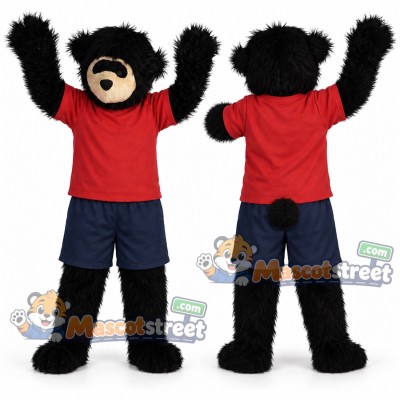 Black Bear Mascot Costume with Red Shirt and Navy Shorts Black Bear Mascot Costume with Red Shirt and Navy Shorts