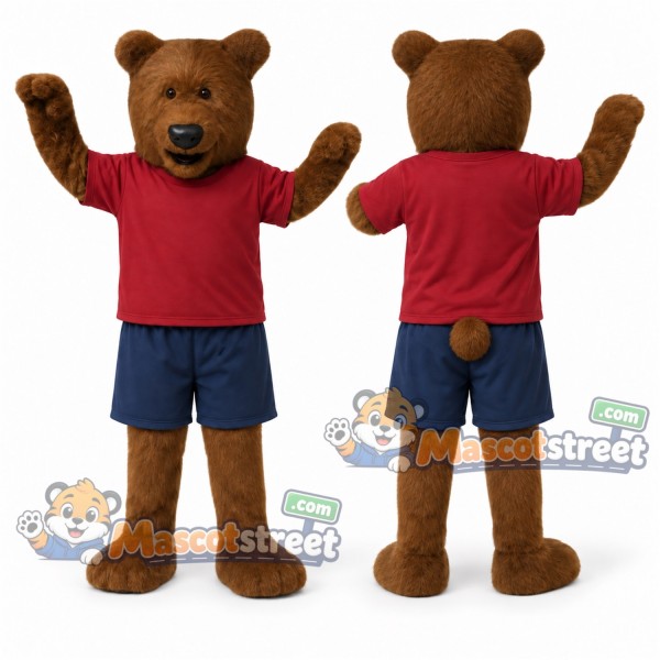 Brown Bear Mascot Costume with Burgundy Shirt and Navy Shorts
