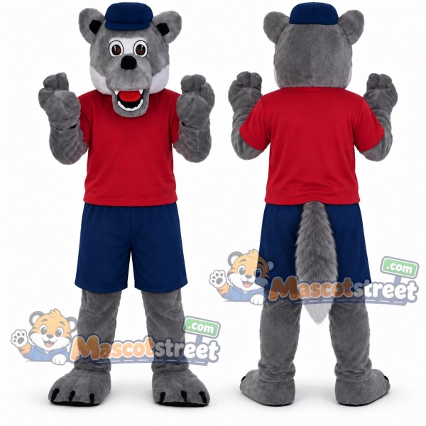 Gray Wolf Mascot Costume with Red Shirt, Blue Shorts and Blue Hat