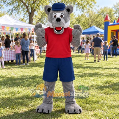 Gray Wolf Mascot Costume with Red Shirt, Blue Shorts and Blue Hat Gray Wolf Mascot Costume with Red Shirt, Blue Shorts and Blue Hat