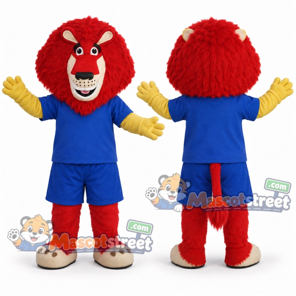 Red Lion Mascot Costume with Blue Shirt and Shorts
