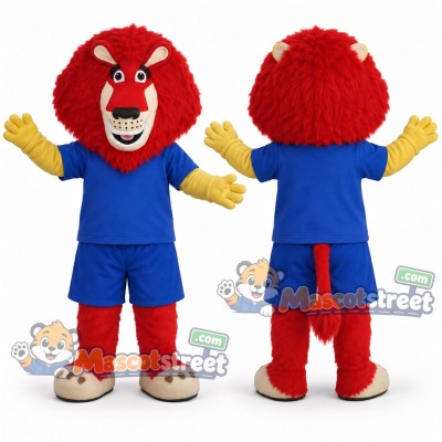 Red Lion Mascot Costume with Blue Shirt and Shorts