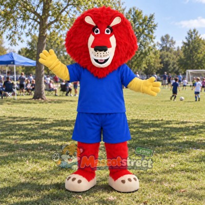 Red Lion Mascot Costume with Blue Shirt and Shorts Red Lion Mascot Costume with Blue Shirt and Shorts