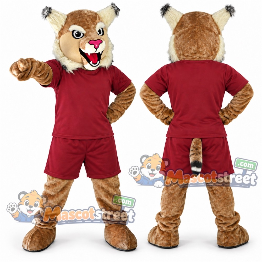 Tan Wildcat Mascot Costume with Burgundy Shirt and Shorts