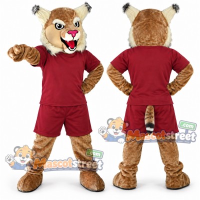 Tan Wildcat Mascot Costume with Burgundy Shirt and Shorts