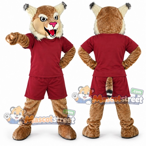 Tan Wildcat Mascot Costume with Burgundy Shirt and Shorts