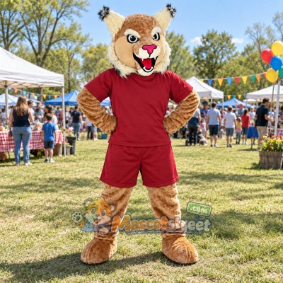 Tan Wildcat Mascot Costume with Burgundy Shirt and Shorts