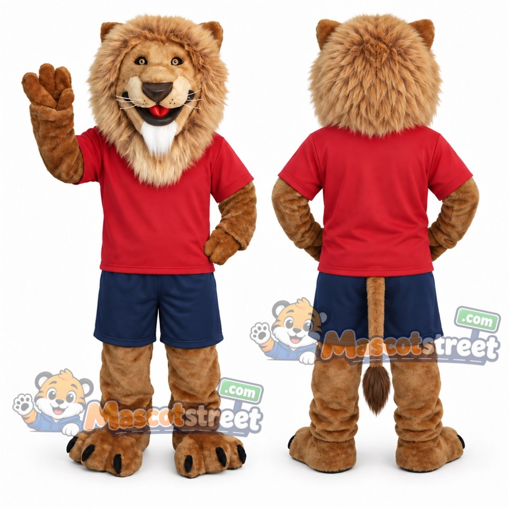 Brown Lion Mascot Costume with Red Shirt and Navy Shorts