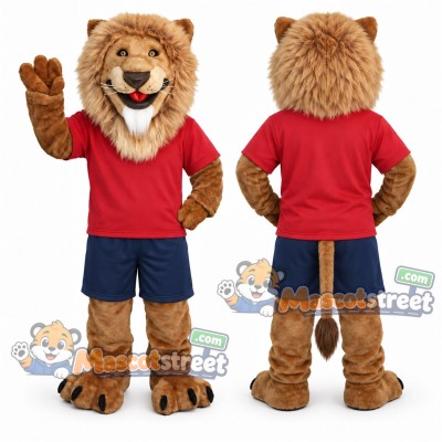 Brown Lion Mascot Costume with Red Shirt and Navy Shorts