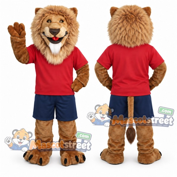 Brown Lion Mascot Costume with Red Shirt and Navy Shorts