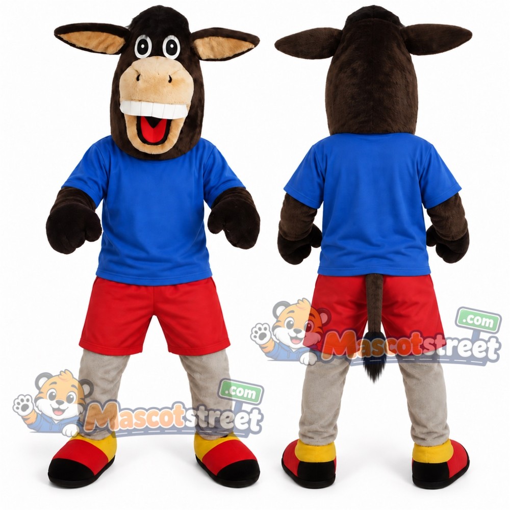 Brown Donkey Mascot Costume with Blue Shirt and Red Shorts