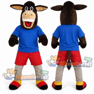 Brown Donkey Mascot Costume with Blue Shirt and Red Shorts
