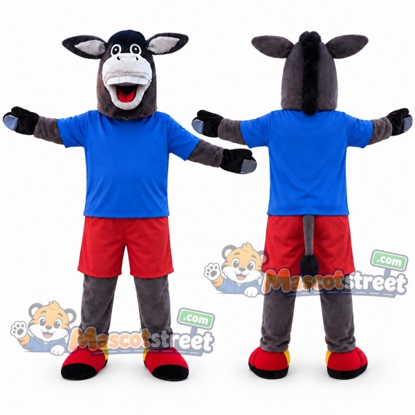 Gray Donkey Mascot Costume with Blue Shirt and Red Shorts